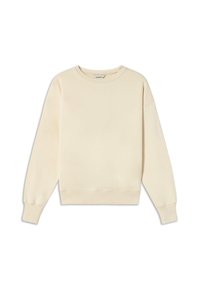 Sweatshirt boje kreme napravljen od mekog materijala. Ima okrugli izrez, duge rukave i rebraste manžete i donji rub. Glatka tekstura.