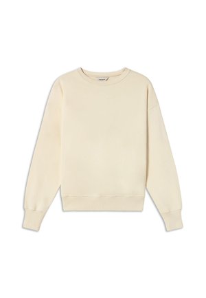 Cream-colored sweatshirt made from soft fabric. Features a round neck, long sleeves, and ribbed cuffs and hem. Smooth texture.