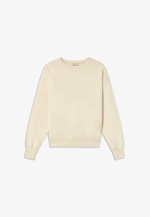 Cremefarvet sweatshirt lavet af blødt stof. Har rund hals, lange ærmer og ribbede manchetter og kant. Glat tekstur.