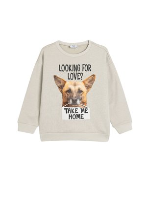 Hellgrauer Sweatshirt mit Rundhalsausschnitt, auf dem ein Hundegrafik und der Text "SUCHEN SIE NACH LIEBE? NEHMEN SIE MICH MIT NACH HAUSE" in Schwarz zu sehen sind. Weicher Stoff, lockere Passform.