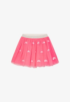 Rosa Tüllrock mit einem silbernen elastischen Bund, der mit gestickten Regenbogenmotiven verziert ist. Ausgestelltes Design, leicht und mehrlagig für Volumen.