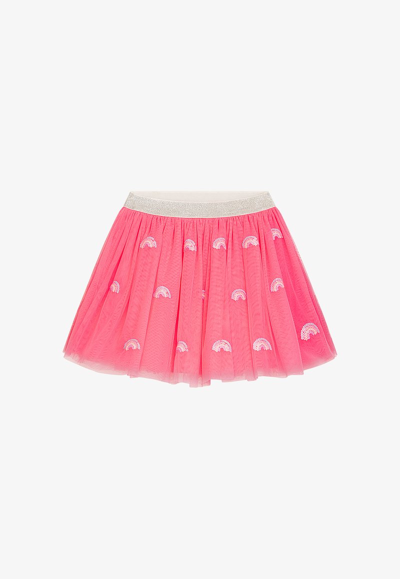 Rosa Tüllrock mit einem silbernen elastischen Bund, der mit gestickten Regenbogenmotiven verziert ist. Ausgestelltes Design, leicht und mehrlagig für Volumen.
