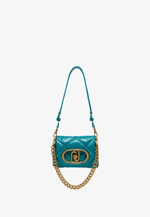Sac en cuir teal avec texture matelassée, accents dorés et une chaîne amovible. Il possède un fermoir logo prominent à l'avant.
