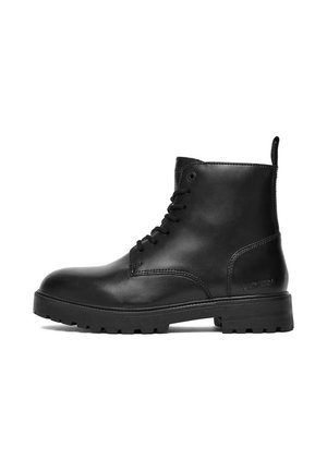 Black leather lace-up ankle boot with pull tab and thick lug sole, designed for durable outdoor or casual wear.