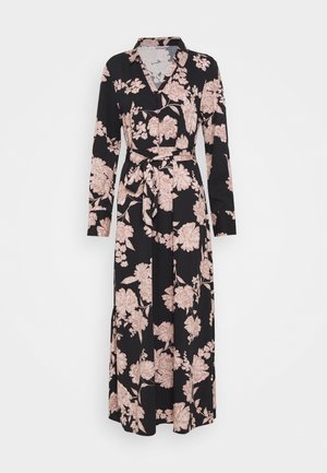Sort maxikjole med lange ærmer med rosa blomsterprint, krave, knapper foran og bindebånd i taljen.