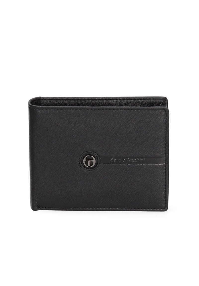 Portafoglio in pelle nera dal design semplice, caratterizzato da un logo circolare e una striscia di accento lucido. Forma compatta e rettangolare.