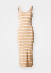 Strikket midi-kjole i en beige tone med hvite striper, med en tettsittende design, ermøyefritt snitt og ribbestrikket tekstur.