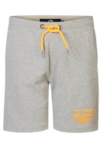 Shorts en coton gris avec un cordon jaune et des œillets en métal ; présente un logo orange imprimé sur le devant ; coupe et longueur standard.