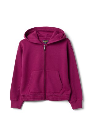 Lila Zip-up-Hoodie mit Fronttaschen, elastischem Saum und Kapuze, auf weißem Hintergrund gezeigt.