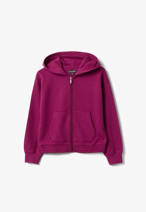 Lila Zip-up-Hoodie mit Fronttaschen, elastischem Saum und Kapuze, auf weißem Hintergrund gezeigt.