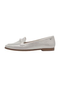 White leather loafers with a rounded toe, a decorative front flap, and a small pearl accent. Flat sole with a textured finish.