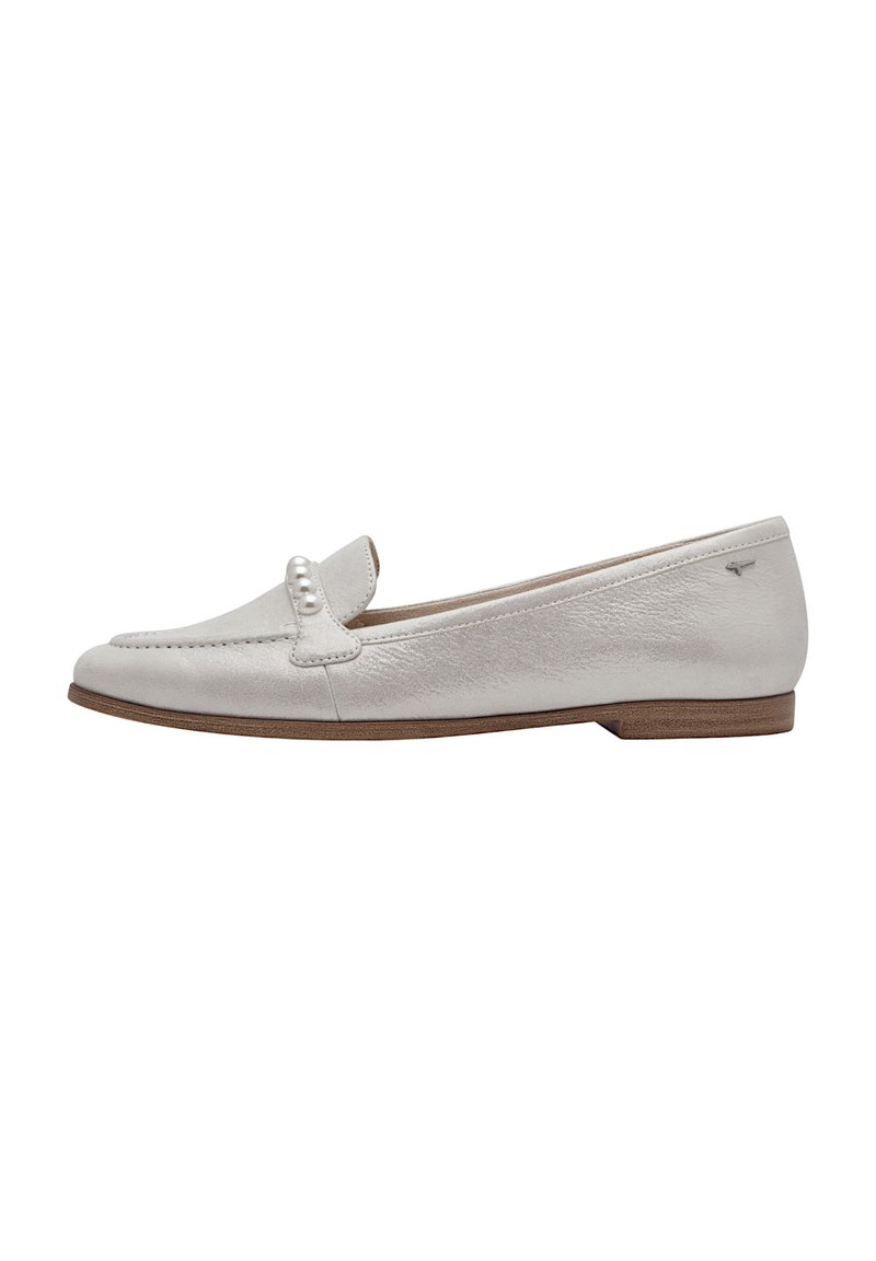 White leather loafers with a rounded toe, a decorative front flap, and a small pearl accent. Flat sole with a textured finish.