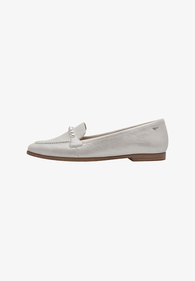 White leather loafers with a rounded toe, a decorative front flap, and a small pearl accent. Flat sole with a textured finish.
