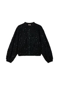 Bomber nero in tessuto testurizzato con paillettes, con zip frontale, polsini a costine e scollo rotondo.