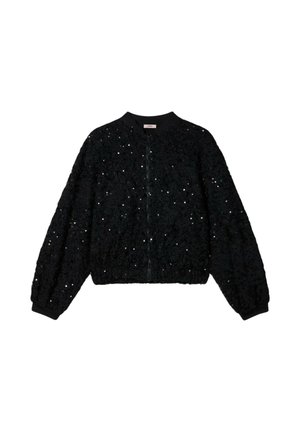 Zwarte bomberjack van textuurstof met pailletten, voorzien van een ritssluiting aan de voorkant, geribbelde manchetten en een ronde halslijn.
