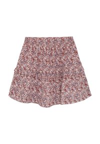 Blumiger Rock mit einem gerafften, elastischen Bund. Er zeichnet sich durch ein rotes und blaues Blumenmuster auf einem hellen Hintergrund aus. Ausgestellter Saum mit rüschierten Lagen.