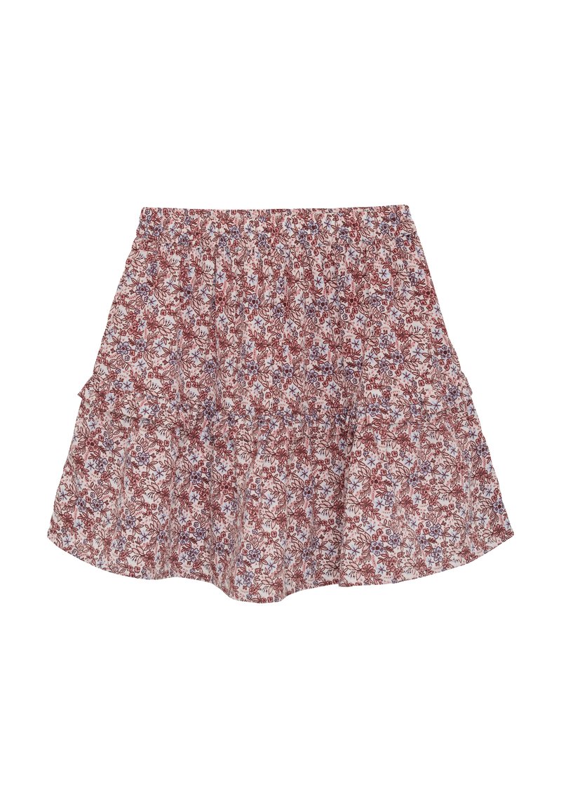 Blumiger Rock mit einem gerafften, elastischen Bund. Er zeichnet sich durch ein rotes und blaues Blumenmuster auf einem hellen Hintergrund aus. Ausgestellter Saum mit rüschierten Lagen.