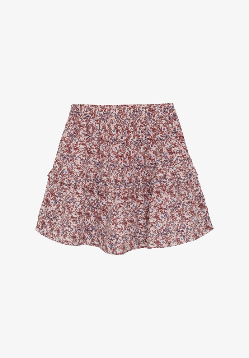 Blumiger Rock mit einem gerafften, elastischen Bund. Er zeichnet sich durch ein rotes und blaues Blumenmuster auf einem hellen Hintergrund aus. Ausgestellter Saum mit rüschierten Lagen.