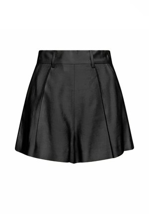 Shorts neri in pelle a vita alta con passanti per cintura, cuciture frontali e ampie aperture sulle gambe, mostrati su uno sfondo bianco.