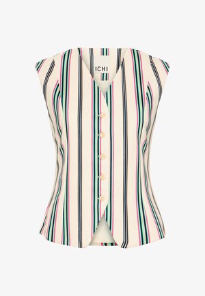 Vesta bez rukávov na gombíky s vertikálnymi pruhmi v námorníckej modrej, tyrkysovej, ružovej a béžovej na krémovom podklade. Slim fit s véčkovým golierom.