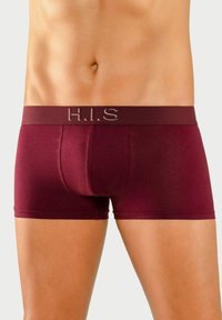 Burgundske bokserice iz mehke, raztegljive tkanine z enotno barvo in elastičnim pasom, ki nosi logo "H.I.S." v srebrni niti.