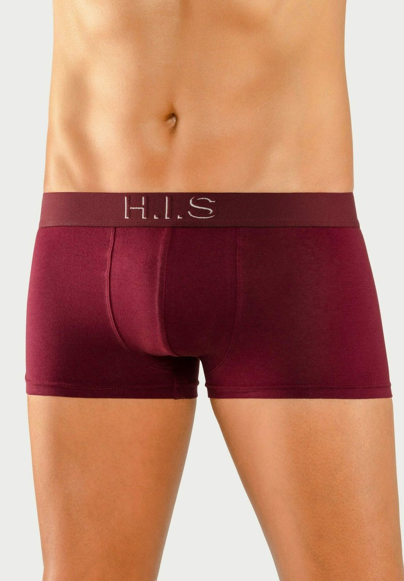 Burgundske bokserice iz mehke, raztegljive tkanine z enotno barvo in elastičnim pasom, ki nosi logo "H.I.S." v srebrni niti.