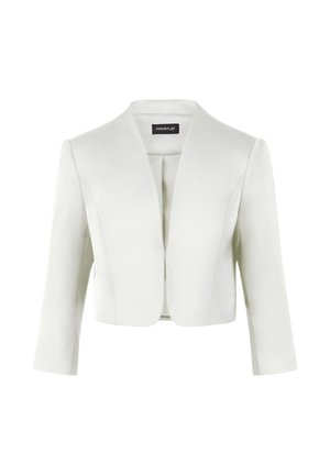 White cropped blazer with a smooth texture, lapel collar, and three-quarter sleeves. Simple design with no visible fastenings or patterns.