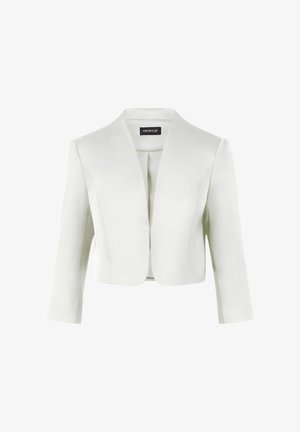 Blazer cropped blanc avec une texture lisse, col à revers et manches trois-quarts. Design simple sans fermetures ou motifs visibles.