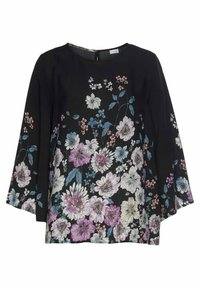 Schwarze Bluse mit einem lebhaften Blumenmuster in Weiß, Rosa und Blau. Lockerer Schnitt mit Glockenärmeln und rundem Halsausschnitt.
