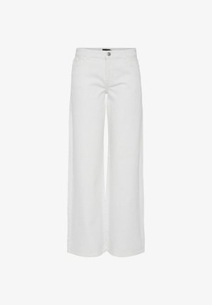 Valged laiad denim teksad, millel on nööbivöö, vöö loopsud ja kaks eesmist taskut. Sile tekstuur, puhas disain.