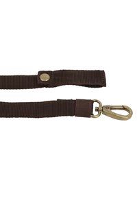 Brown nylon strap with a textured surface, featuring a metal snap hook and button detail for attachment or adjustment.