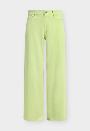 Light green wide-leg pants with front pockets, belt loops, button closure, and zip fly on a plain gray background.