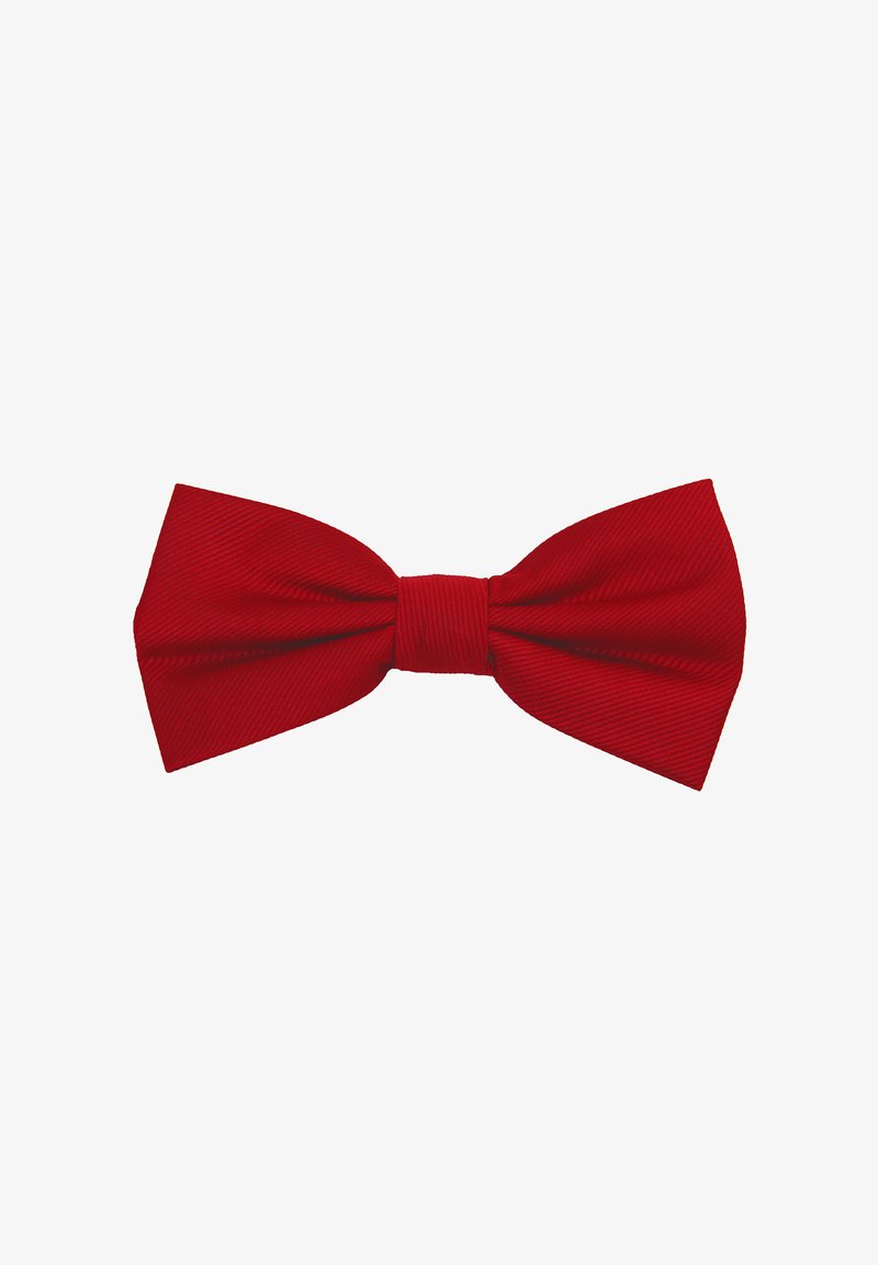 Red polyester bow tie featuring a textured finish, with a classic butterfly shape and a center knot for added detail.