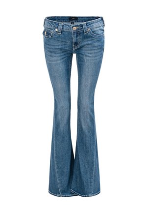 Blue denim flared jeans with a mid-rise waist, five pockets, and a button closure. The fabric features a classic, textured finish.