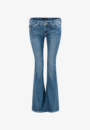 Blauwe denim flare jeans met een medium hoge taille, vijf zakken en een knoopsluiting. De stof heeft een klassieke, gestructureerde afwerking.