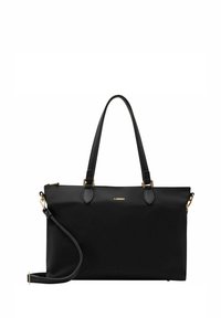 Borsa tote nera in materiale sintetico con manici doppi, tracolla staccabile, texture liscia, dettagli in metallo dorato e logo sulla parte frontale.