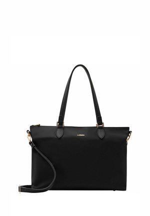Zwarte synthetische tote bag met dubbele handvatten, een afneembare schouderriem, een gladde textuur, gouden hardware accenten en een logo aan de voorkant.
