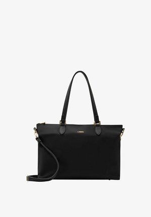 Zwarte synthetische tote bag met dubbele handvatten, een afneembare schouderriem, een gladde textuur, gouden hardware accenten en een logo aan de voorkant.