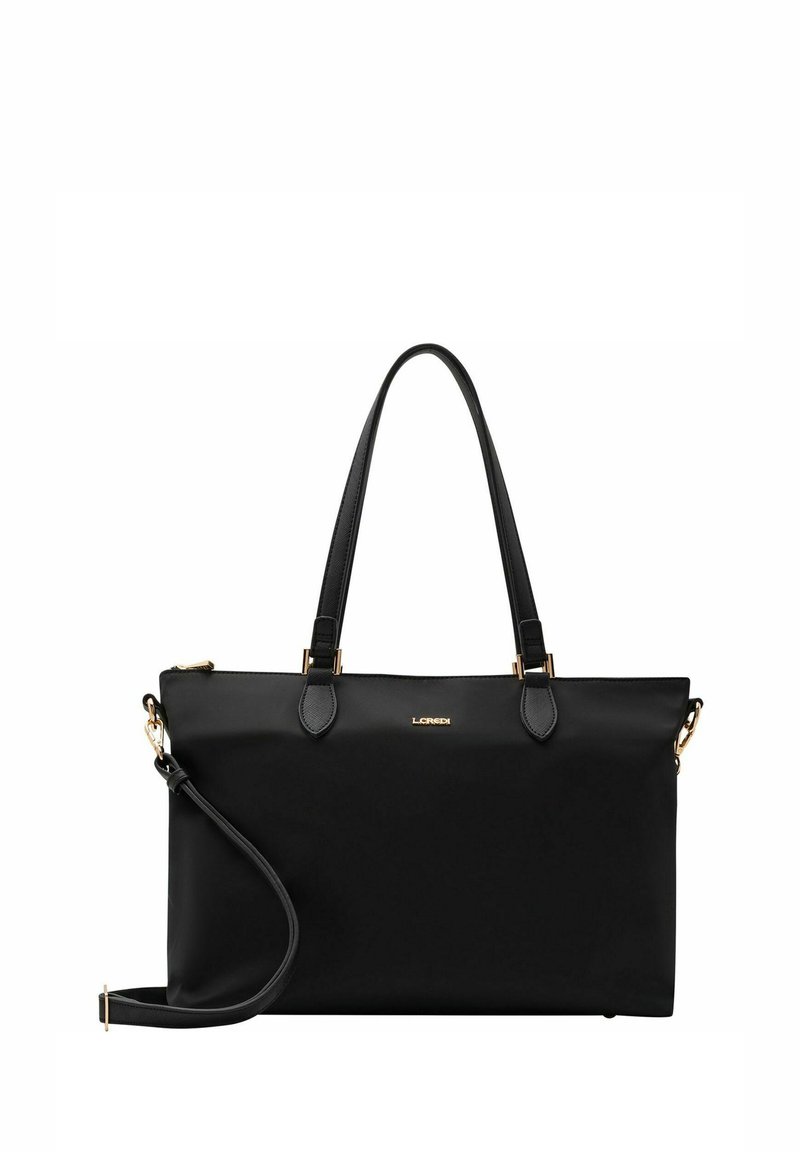 Borsa tote nera in materiale sintetico con manici doppi, tracolla staccabile, texture liscia, dettagli in metallo dorato e logo sulla parte frontale.