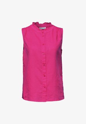 Blouse rose vif sans manches avec col à volants et fermeture boutonnée à l'avant.