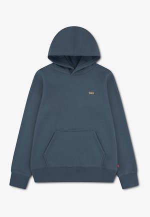 Ciemnoniebieska bluza z kapturem, przednią kieszenią i małym logo Levi's na piersi, z mankietami na rękawach.