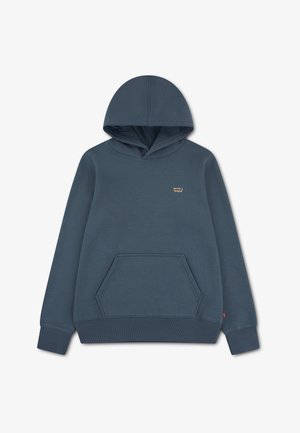 Ciemnoniebieska bluza z kapturem, przednią kieszenią i małym logo Levi's na piersi, z mankietami na rękawach.