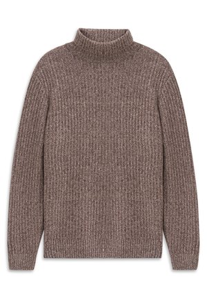 Brown ribbed turtleneck sweater made of soft material with long sleeves and a snug fit. Features a high collar and textured knit pattern.