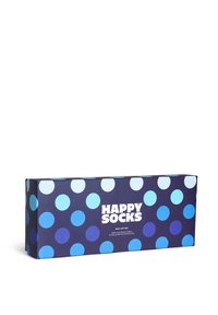 Boîte-cadeau marine avec de grands points bleus et bleu clair, portant la marque "HAPPY SOCKS", avec un texte blanc indiquant les détails du produit et la gamme de tailles.