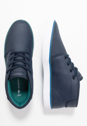 Par navy blå Lacoste sneakers med hvide såler og turkis indvendig foring, vist fra top- og sidevinkler på hvid baggrund.