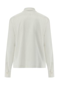 Helle beige Langarmbluse, Baumwollmischung, mit Kragen, knöpfbaren Manschetten und einer glatten, matten Textur. Verfügt über einen geraden Schnitt und eine Rückennaht-Detaillierung.