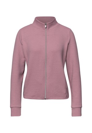 Veste pour femmes texturée mauve à fermeture éclair intégrale, col montant, manches longues et poignets ajustés.