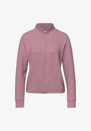 Veste pour femmes texturée mauve à fermeture éclair intégrale, col montant, manches longues et poignets ajustés.