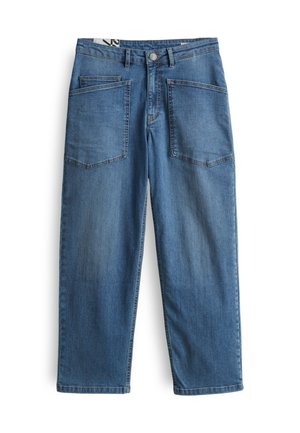 Blaue Jeans aus Denim mit geradem Bein, ausgestattet mit zwei Fronttaschen und zwei Gesäßtaschen. Leicht ausgewaschene Textur und Knopfverschluss an der Taille.