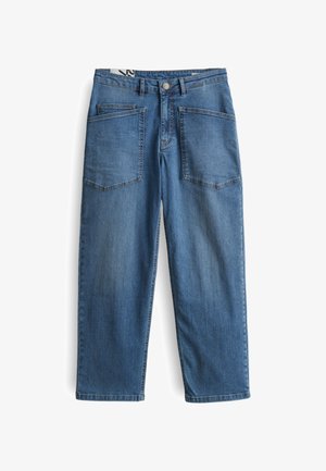 Blaue Jeans aus Denim mit geradem Bein, ausgestattet mit zwei Fronttaschen und zwei Gesäßtaschen. Leicht ausgewaschene Textur und Knopfverschluss an der Taille.